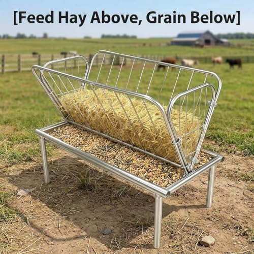 Galvanized Steel Hay Feeder, 2 in 1 Outdoor Livestock Feeder with Extra Wide Feed Pan, Durable Pasture Feeder for Goats Sheep Horses Calves Cows Ponies