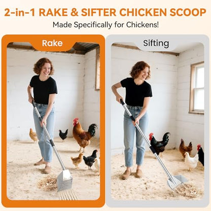Chicken Poop Scooper: 2-in-1 Rake & Sifter - Silver Chicken Poop Shovel for Sand with Adjustable Stainless Steel Handle (35-59") for Small Spaces