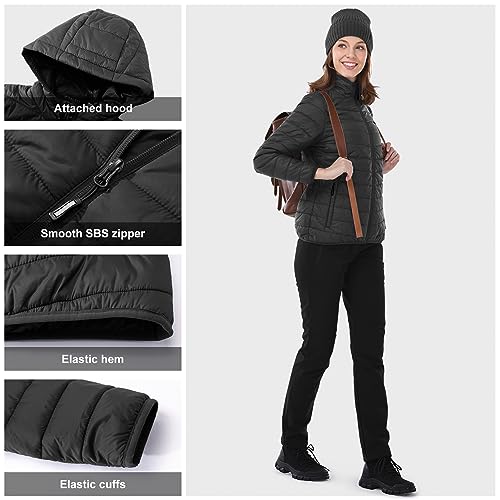 Outdoor Ventures Women's Packable Lightweight Full-Zip Puffer Jacket with Hood Quilted Winter Coat - color: Black New(fold in Pocket), size: 3X-Large
