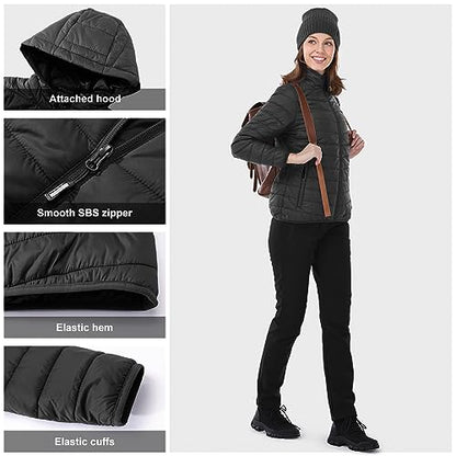 Outdoor Ventures Women's Packable Lightweight Full-Zip Puffer Jacket with Hood Quilted Winter Coat - color: Black New(fold in Pocket), size: 3X-Large