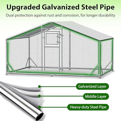 10x6.5x6.5 FT Metal Chicken Coop, Functional Split Door Chicken Coop Run with Cover & Hardware Cloth,Heavy Duty Chicken Pen with Aluminum Frame, Easy Setup Animal Run for Hen, Duck, Goat - size: 118.0"L x 79.0"W x 77.0"H