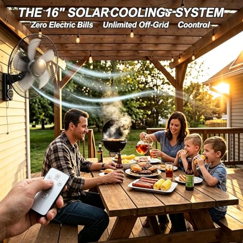 16" Solar exhaust chicken coop fan,wall mounted fan with remote,for outdoor gazebo patios Barn Garage,AC/Solar Dual Power, 90° Oscillating Cooling System