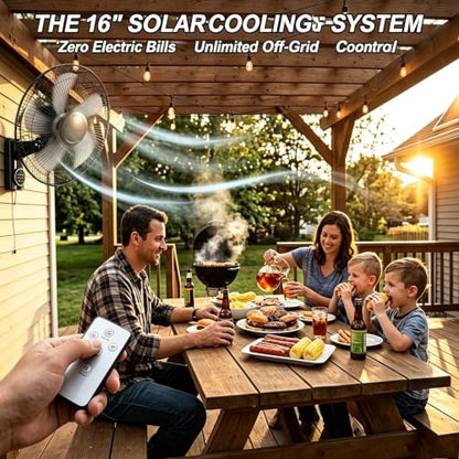 16" Solar exhaust chicken coop fan,wall mounted fan with remote,for outdoor gazebo patios Barn Garage,AC/Solar Dual Power, 90° Oscillating Cooling System