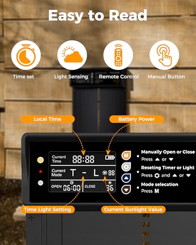 Solar Powered Automatic Chicken Coop Door, LCD Display, Timer & Light Sensor, 20-m Remote Control,Electirc Door,4 Modes, USB Rechargeable Battery, Black - color: Black