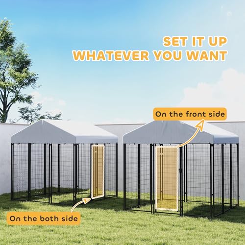 PawHut Outdoor Dog Kennel with Roof, 6' x 6' x 6' Heavy Duty Welded Wire Dog Playpen Enclosure with Escape-Proof Lock, UV-Resistant & Waterproof Cover, for Large Dogs, Chickens, Ducks, Silver - size: 71.3"L x 71.3"W x 72.0"H, style: Single Room
