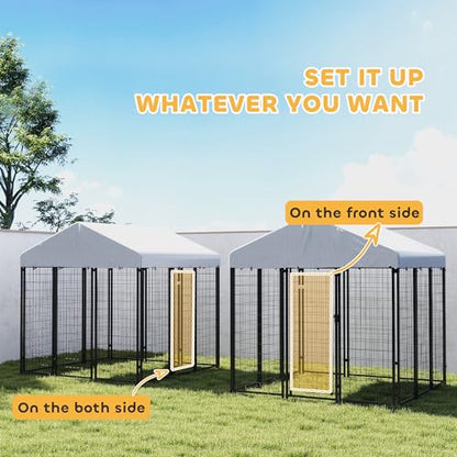 PawHut Outdoor Dog Kennel with Roof, 6' x 6' x 6' Heavy Duty Welded Wire Dog Playpen Enclosure with Escape-Proof Lock, UV-Resistant & Waterproof Cover, for Large Dogs, Chickens, Ducks, Silver - size: 71.3"L x 71.3"W x 72.0"H, style: Single Room