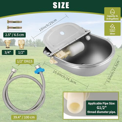 Automatic Animal Drinking Water Bowl, 304 Stainless Steel Livestock Waterer with Float Valves, 39" Pipe Hose, 1/2" to 3/4" Adapter, Water Trough for Dog, Horse, Goat, Pig, Cow