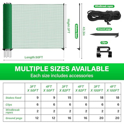 Temporary Fence with Posts, 3‘x50‘ Animal Barrier Dog Portable Fencing with Fiberglass Stake Windbreak Rope, Safety Snow Plastic Netting Roll for Garden Backyard Outdoor for Chickens or Other Animals - size: 3x50FT