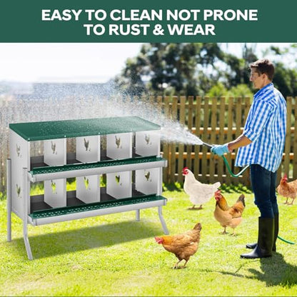 8 Compartment Chicken Nesting Boxes, Metal Roll Away Egg Laying Boxes with Removable Tray & Lid Cover, Chicken Coop Nest Box for Hens, Egg Protection Design (with Legs) Green - color: Green, size: 8 hole - with leg