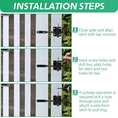 Upgrade Self-Locking Gate Latch for Wooden Fence Heavy Duty, Automatic Gravity Lever Gate Latches with Longer Fasteners & Pull String for Garden,