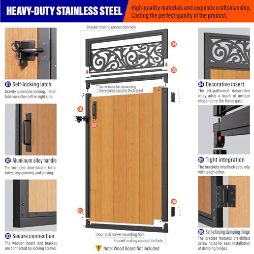 3x6FT (34.8" W X 70.8" H) 201 Stainless Steel Anti Sag Wooden Fence Gate Kit Heavy Duty Garden Gate Frame Hardware Kit Reinforcement (Left/Right Free-Installation) - size: W3xH6 FT-European