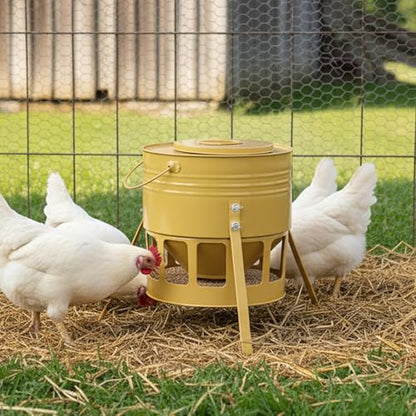 KOL Metal Chicken Feeder - 20lbs No Waste Chicken Feeder with 12 Ports, Powder Coated Rust-Proof Design & Smooth Edges for Safe Feeding (Yellow) - color: Yellow