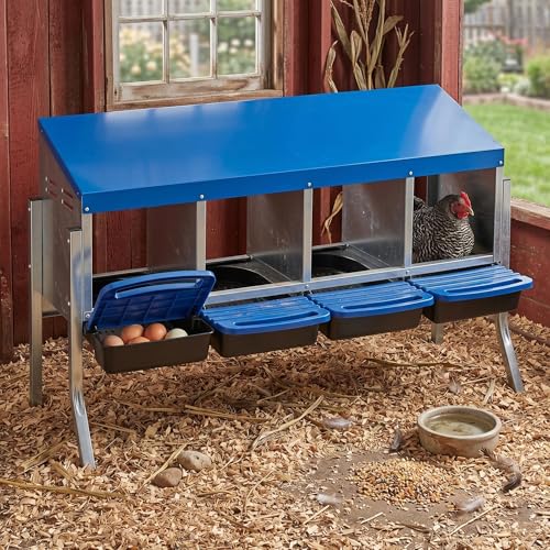Metal Chicken Nesting Box - Heavy Duty Roll Away Nesting Boxes for Chickens Coop with Easy-Collect Tray & Lid, 4 Hole Galvanized Steel Egg Laying Boxes for Hens Ducks, Wall Mount or Freestanding - color: Blue, size: 4 Holes with legs