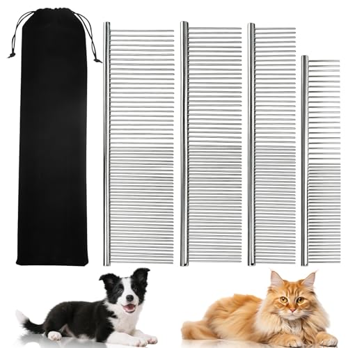 Dog Combs for Grooming Matting, 4 Pack Metal Cat Comb for Removing Tangles and Knots, Professional Dematting Tool for Pet Cats, Greyhound, Poodle, Doodle