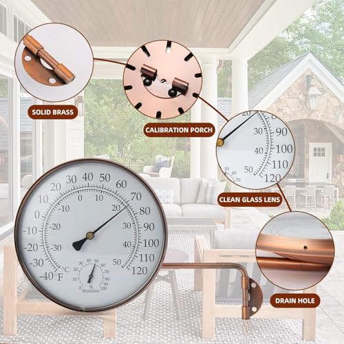 6 inch Outdoor Thermometer for Greenhouse, Garage and Patio. Weatherproof & Decorative Outside Temperature Gauge for Window, Antique Copper with Humidity (Easy-Read Brass Swivel Design)