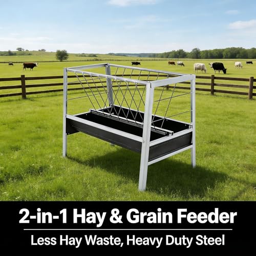 2-in-1 Livestock Feed Trough for Goats,Sheep,Sheds, 40''Large Capacity Hay and Grain Feeder, Heavy Duty Galvanized Steel, Anti-Tip Floor Standing Feeder for Farm Use