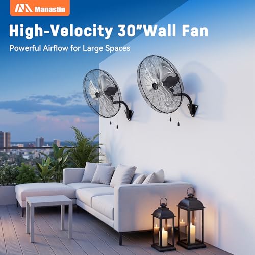 30 Inch Industrial Wall Mount Fan, Heavy Duty High Velocity Oscillating Wall Fan with 3 Speeds, 360° Adjustable Tilt Wall Mounted Fan for Garage, Workshop, Warehouse, Patio, Commercial and Home - size: 30 INCH