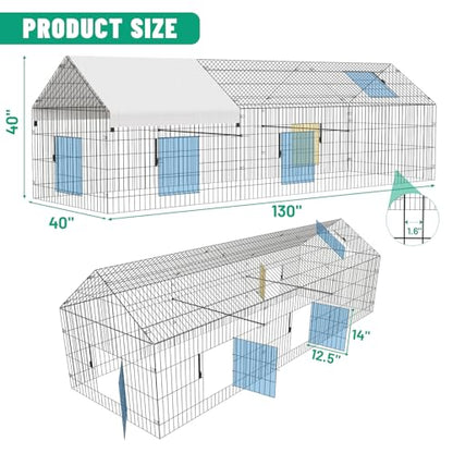NUGRIART Portable Chicken Coop with Run, 130"×40" Poultry Cage with Waterproof Cover for Small Backyard Flocks, Chickens, Ducks, Rabbits & Small Animals - size: 130.0"L x 40.0"W x 40.0"H