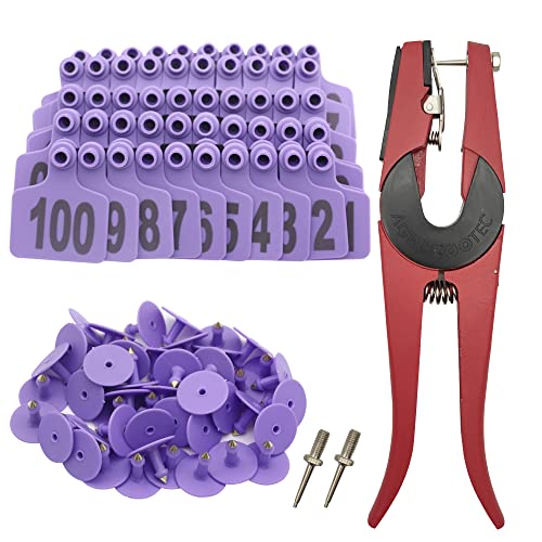 Cattle Ear Tags 001-100 Number Plastic Livestock Animal Tag for Cows Ear Tag Applicator Kit (001-100, Purple) - color: Purple