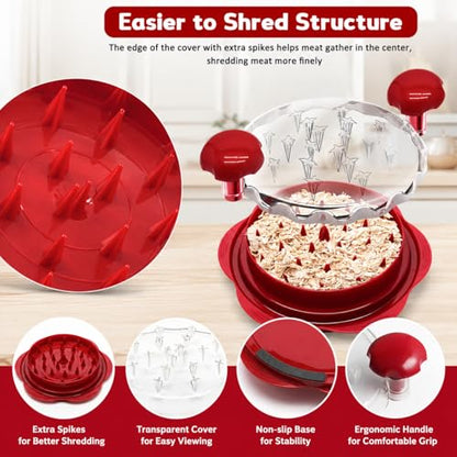 Premium Large Chicken Shredder Tool with Suction Base 2026 – Twist Meat Shredder with Ergonomic Handle & Anti-Slip Grip – Transparent Lid for Easy Shredding Chicken & Beef (Red) - color: Red-