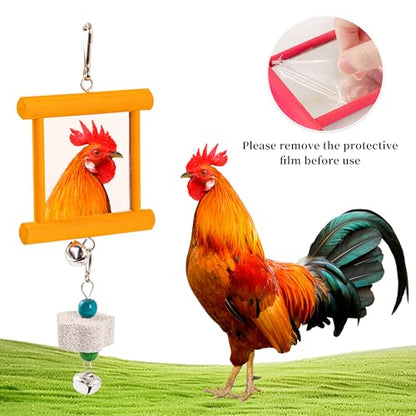 RLRICH 6 PCS Chicken Toys for Coop, Hanging Swing Mirror with Bells Chicken Vegetable Cabbage Feeder for Hens Goose Duck, Chick Beak Grinding Calcium Stone Chewing Toy Chicken Coop Accessories