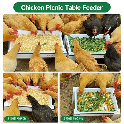 Large Chicken Picnic Table Feeder No Waste with Removable Plastic Tray,Chicken Coop Accessories Must Haves,Poultry Feeder,Chicken Food Dispenser - color: White-Brown, size: 16.1in*11.8in*8.7in