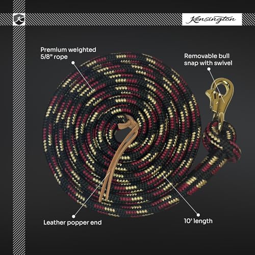 Kensington Clinician Equine Training Lead Rope – 10ft Heavy Duty Braided Horse Lead with Swivel Bull Snap | Color: Brown - Tan - White - Black w/Gold