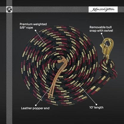 Kensington Clinician Equine Training Lead Rope – 10ft Heavy Duty Braided Horse Lead with Swivel Bull Snap | Color: Brown - Tan - White - Black w/Gold