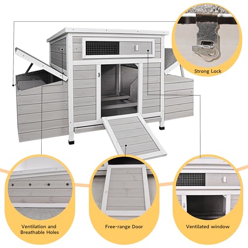 58" Chicken Coop,Outdoor Large Chicken Coop with 6 Nesting Boxes,Weatherproof Poultry Cage,Removable Tray for Farm, Backyard - color: GREY＆WHITE