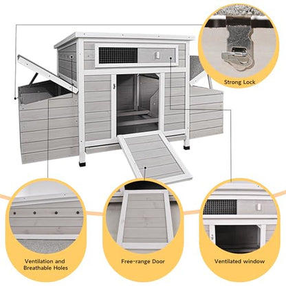58" Chicken Coop,Outdoor Large Chicken Coop with 6 Nesting Boxes,Weatherproof Poultry Cage,Removable Tray for Farm, Backyard - color: GREY＆WHITE