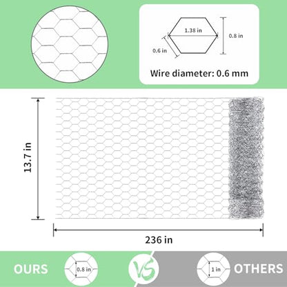 Chicken Wire 13.7 in x 236 in Poultry Wire Netting Hexagonal Galvanized Mesh Garden Fence Barrier for Craft Projects, Pet Rabbit Chicken Fencing - color: Silver, size: 13.7"x236"+0Ties