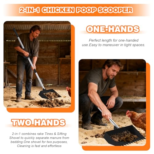 2-in-1 Chicken Poop Scooper & Chicken Coop Rake, Adjustable Stainless Steel Handle Chicken Coop Sifting Litter Shovel & Metal Litter Sifter (12 Inch, 28-65"，Black)