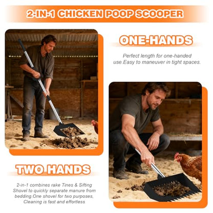 2-in-1 Chicken Poop Scooper & Chicken Coop Rake, Adjustable Stainless Steel Handle Chicken Coop Sifting Litter Shovel & Metal Litter Sifter (12 Inch, 28-65"，Black)
