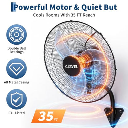 Garvee 20 Inch Oscillating Wall Mount Fan, 3 Speed High Velocity 4800 CFM Industrial Wall Fan, 90° Oscillation & 30° Tilt Cooling,Wall Fan for Home, Offices, Garage, Commercial, Warehouse - size: 20 Inch