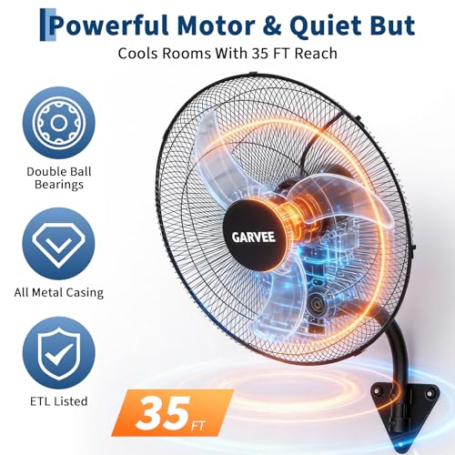 Garvee 18 Inch Oscillating Wall Mount Fan, 3 Speed High Velocity 3500 CFM Industrial Wall Fan, 90° Oscillation & 30° Tilt Cooling,Wall Fan for Home, Offices, Garage, Commercial, Warehouse - size: 18 Inch