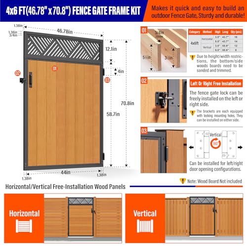 4x6FT (46.78"W X 70.8"H) 201 Stainless Steel Anti Sag Wooden Fence Gate Kit Heavy Duty Garden Gate Frame Hardware Kit Reinforcement (Left/Right Free-Installation) - size: W4xH6 FT-Geometric