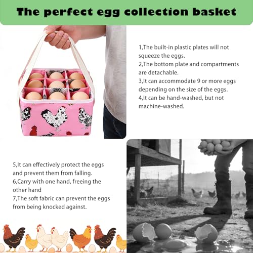 Eggs Collecting Basket, Durable Canvas Egg Basket with Plastic Board, 9-Pouch Chicken Egg Holder Bag for Gathering Fresh Eggs, Egg Gathering Basket and Multipurpose Chicken Holder Bag (Pink) - color: Pink