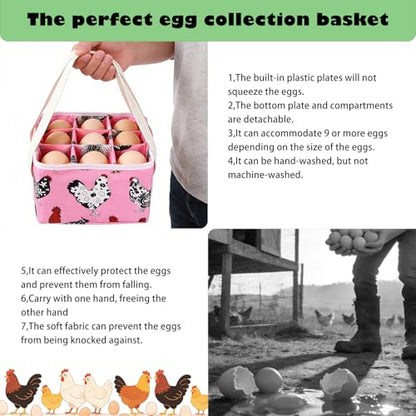 Eggs Collecting Basket, Durable Canvas Egg Basket with Plastic Board, 9-Pouch Chicken Egg Holder Bag for Gathering Fresh Eggs, Egg Gathering Basket and Multipurpose Chicken Holder Bag (Pink) - color: Pink