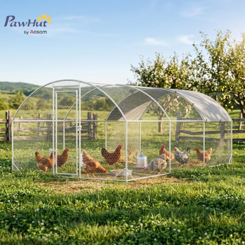 PawHut 9.2' x 18.7' x 6.5' Large Chicken Coop Metal Chicken Run with 210D Waterproof and Anti-UV Cover, Dome Shaped Walk in Fence Cage Hen House for Outdoor and Yard Farm Use, 1" Tube Diameter - size: 110.2"L x 224.4"W x 77.6"H