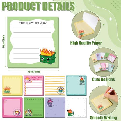 18 Pcs Dumpster Fire Desk Accessories, 9 Pads Cute Sticky Notes, 9 Kawaii Pens, 3 x 3 Inches Notepads Memo Pad for Office Supplies Meeting Students School Decor Teacher Gifts - style: Dumpster Fire