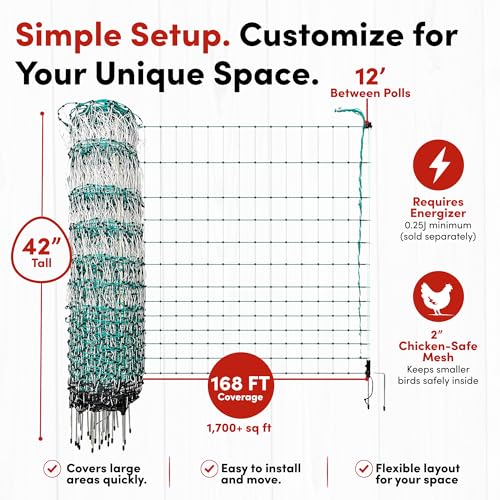 RentACoop Poultry Netting Electric Fence - 42" H x 168' L - Electric Poultry Enclosure for Chickens, Ducks, Turkeys - Suitable for 4 Week Old Chickens/Older and Adult Poultry - Energizer Not Included - size: 168' x 42"