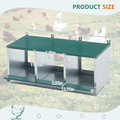 Chicken Nesting Box for Laying Eggs - 3 Room Chicken Laying Boxes, Nesting Boxes for Chickens, Heavy Duty Metal Chicken Coop, 32.9" L x 16.34" W x 15.35" H - size: 32.9" L x 16.34" W x 15.35" H