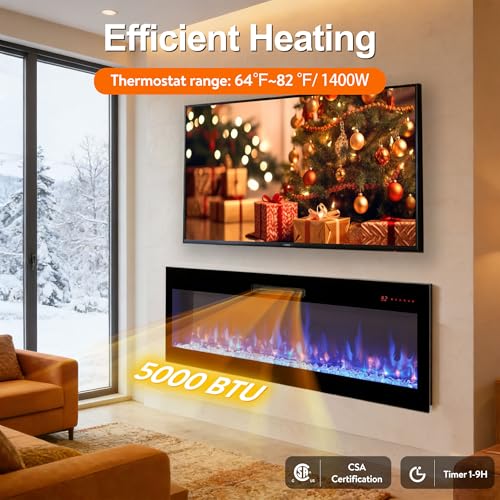 50" WiFi Electric Fireplace, Wall Fireplace Electric with Remote Control, 16 Adjustable Flame Colors, Wall Mounted/Recessed, 1400W Fireplace Insert Heater, Timer, Remote & App Control - size: 50 Inch Upgraded