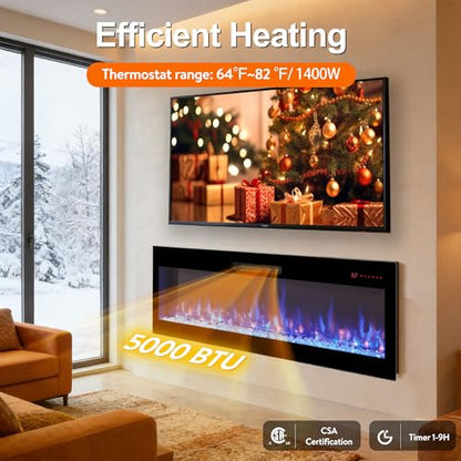 50" WiFi Electric Fireplace, Wall Fireplace Electric with Remote Control, 16 Adjustable Flame Colors, Wall Mounted/Recessed, 1400W Fireplace Insert Heater, Timer, Remote & App Control - size: 50 Inch Upgraded