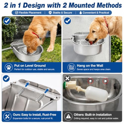 FHTONGE 304 Stainless Steel Automatic Dog Water Bowl Dispenser with Drainage and Float Valves, Large Auto Fill Dog Waterer for Outdoor Big Dog Livestock Poultry Horse Cow Goat Pig Chicken Duck Rabbit