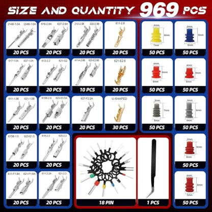 969Pcs Connector Pins Kit & Crimp Tool,28 Types Electrical Terminal Pins Kit,Terminal Wire Harness Male&Female Wire Seals Crimp tools Set