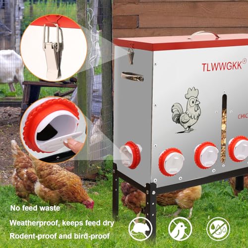 85 lbs Large Automatic Chicken Feeder - 10-Port No-Waste Dispenser with Visual Window & Height-Adjustable Legs - Rodent/Goat Proof, All-Weather Heavy-Duty Galvanized Metal Design for Outdoor Poultry