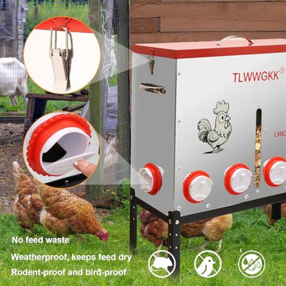 85 lbs Large Automatic Chicken Feeder - 10-Port No-Waste Dispenser with Visual Window & Height-Adjustable Legs - Rodent/Goat Proof, All-Weather Heavy-Duty Galvanized Metal Design for Outdoor Poultry