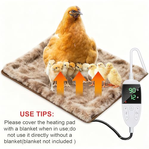 Chicken Heating Pad Chick Brooder Pad Poultry Heated Mat Adjustable Digital Thermostat Brood Heater Warming Blanket with Timer Anti Bite Wire Warmer Bed for Small Animal Pet 15.7 x 23.6 inch - color: Brown, size: 23.6"L x 15.7"W x 0.5"H