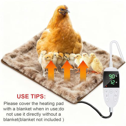 Chicken Heating Pad Chick Brooder Pad Poultry Heated Mat Adjustable Digital Thermostat Brood Heater Warming Blanket with Timer Anti Bite Wire Warmer Bed for Small Animal Pet 15.7 x 23.6 inch - color: Brown, size: 23.6"L x 15.7"W x 0.5"H